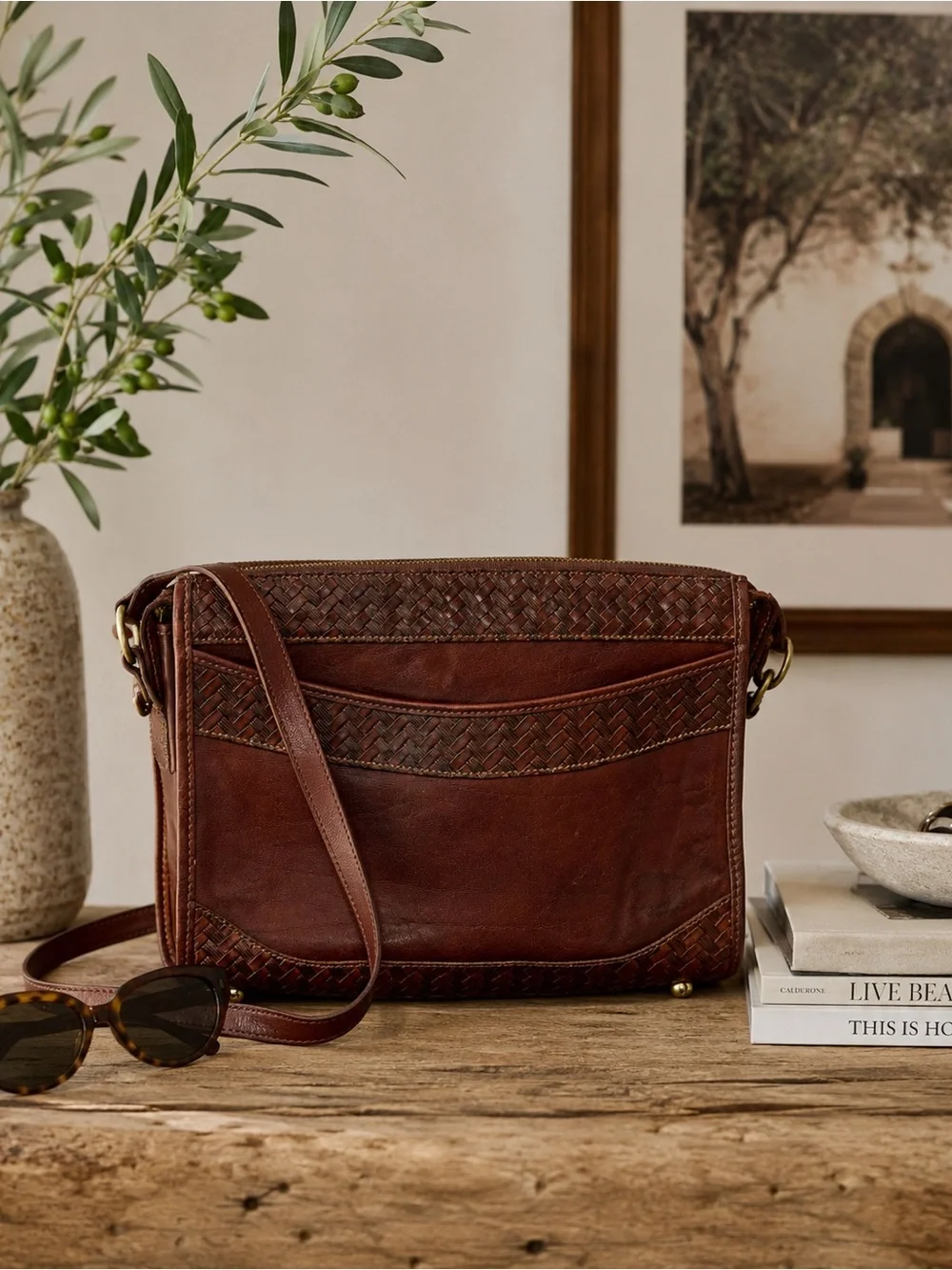 Vintage Brahmin Crossbody Bag featuring rich brown leather with woven details - Picture 1 of 14